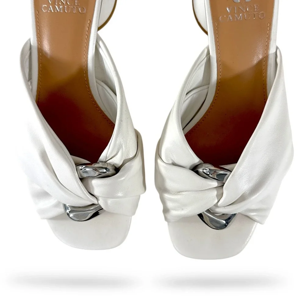 Vince Camuto Liane Off-White Nappa Leather Twisted Ring Block Heel Sandals 8 EUC